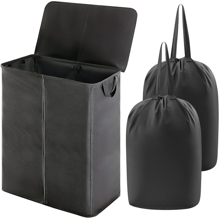 Корзина для белья Lifewit с крышкой 2 отделения, сборник для белья с 2 семными мешками для белья, складные корзины для белья Корзины для белья Ящик для белья Тканевые корзины для белья для спальни в ванной комнате, (160 л, черный)