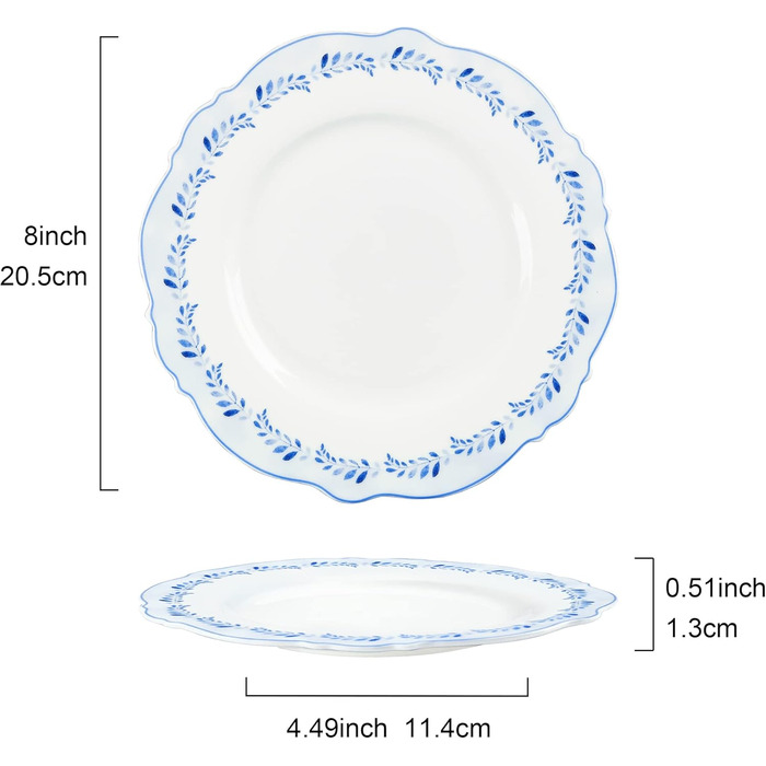 Набір із 4 тарілок для торта fanquare, порцелянові тарілки для хліба з блакитним квітковим візерунком, тарілки для торта Ø 21 см, тарілки для пасти, набір десертних тарілок, можна мити в посудомийній машині та використовувати в мікрохвильовій печі (Blue G
