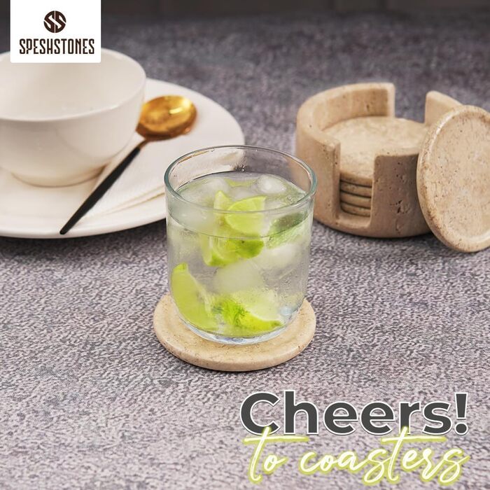 Підставки під напої з мармуру, зелені, 8.9 см, круглі кам'яні підставки для кави, чаю та інших напоїв з тримачем. Ідеальні для кав'ярень, подарунків, обіднього столу та декору дому, набір з 6 шт. (Travertine-SS-RC)