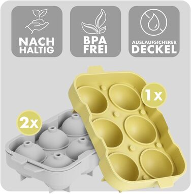 Силіконові формочки для льоду Blumtal, набір з 3 шт. - форма для льоду на 24 кубики з кришкою - силіконова форма для льоду без бісфенолу А - форма для льоду, безпечна для харчових продуктів - сіро-блакитна великі кубики (сірий жовтий, сфера XXL)