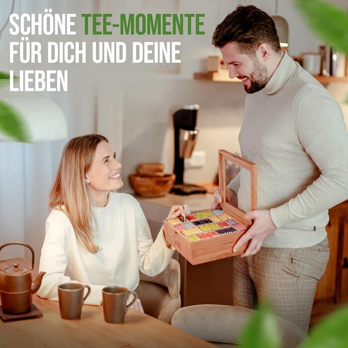 Чайна скринька преміум-класу NATURSCHMIED з вишневого дерева з 20 гнучкими відділеннями та оглядовим віконцем, (22,5x310 см) - посилені петлі міцна застібка - Елегантне сховище для чаю для справжніх любителів чаю, благородне вишневе дерево