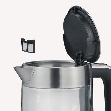 Стеклянный чайник SEVERIN с обемом наполнения 1,7 л XXL, мощный и компактный чайник в высококачественном дизайне, электрический чайник с фильтром известкового налета, 2200 Вт, стекло из нержавеющей стали, WK 3420 одинарный