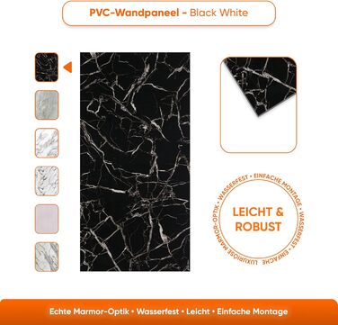 Стінові панелі IZODEKOR під мармур 60x120 см Панель для кухонного фартуха ПВХ-облицювання стін для кухні, ванної кімнати Бризкозахисний екран для кухні Водонепроникний та термостійкий (4 панелі 4 монтажних клею, чорно-білий)