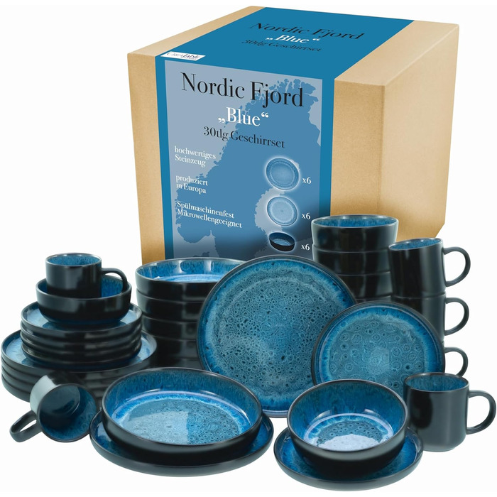 Серія Nordic Fjord набір посуду з 18 предметів, набір тарілок з кераміки (комбі-сервіз 30 шт. , синій), 21551