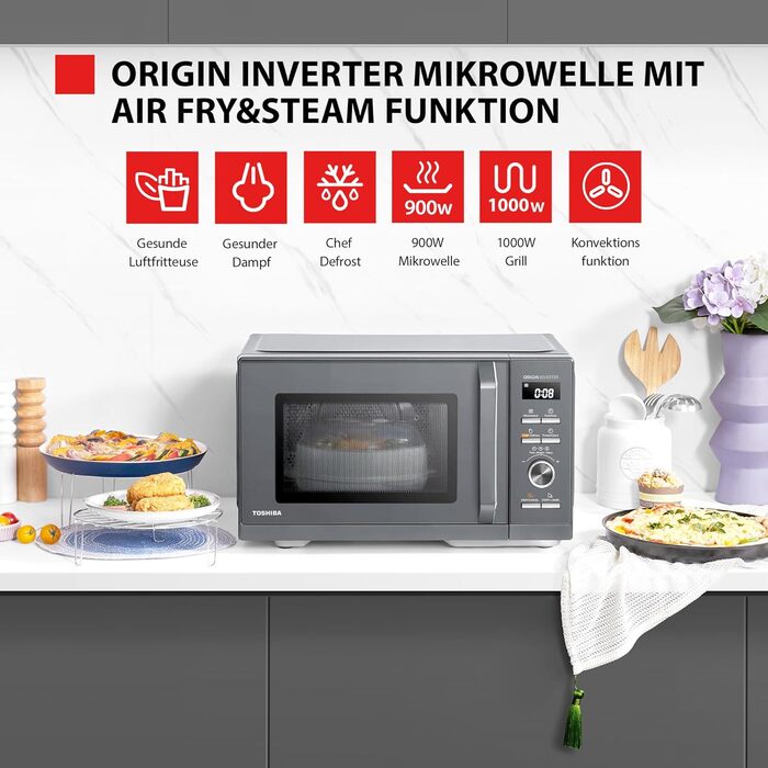 Мікрохвильова піч Toshiba MW3-AG20PE(BK) з грилем, 20 л, 3-в-1, розморожування шеф-кухарем, мікрохвильова піч, гриль, комбінована піч, 5 рівнів потужності, 8 автоматичних програм, легке очищення, чорна (26 л, 6-в-1 аерогриль)
