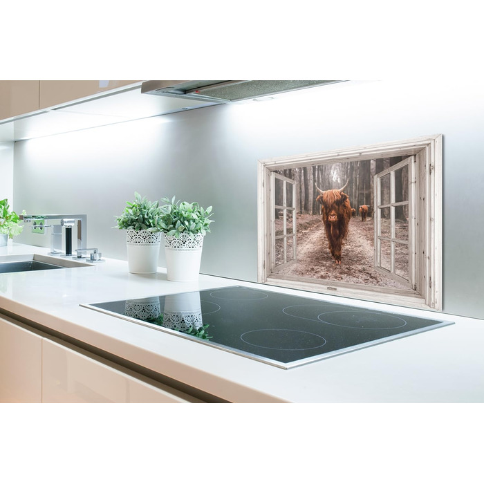 Панель кухонного фартуха, бризкозахисна панель, декор для кухні, алюмінієва панель, бризкозахисна панель для плити, альтернатива скляній панелі, чорна - з малюнком - суцільна - чорна - темна - (вид з вікна на шотландську високогірну худобу, 60x40 см)