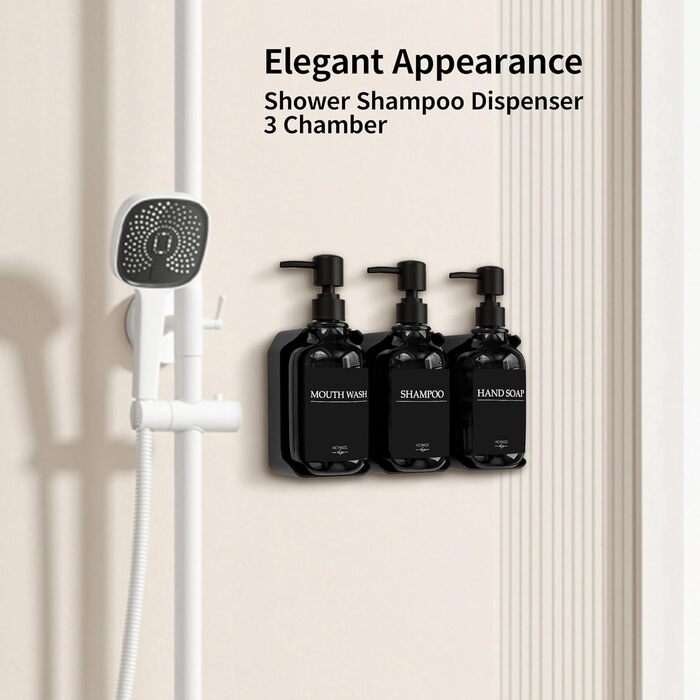 Набір з 3 дозаторів рідкого мила 500 мл з настінним тримачем, чорний колір HCYWOC