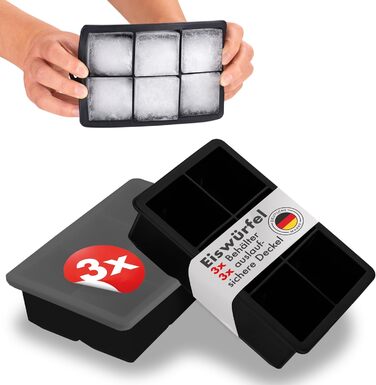 Силиконовые формочки для льда на 6 кубика XXL с крышкой, набор 3 предмета, черный Blumtal