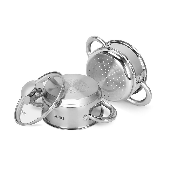 Каструля Fissman GULLIVER 14x7 см 1,1 л зі вставкою-пароваркою 14x6,5 см та скляною кришкою нержавіюча сталь (5428)