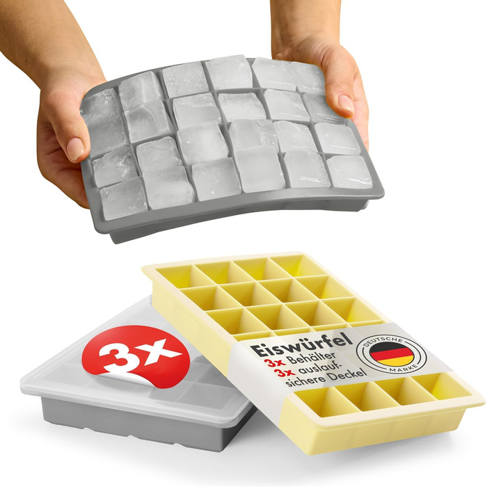 Силиконовые формочки для льда на 24 кубика L с крышкой, набор 3 предмета, серый/желтый Blumtal