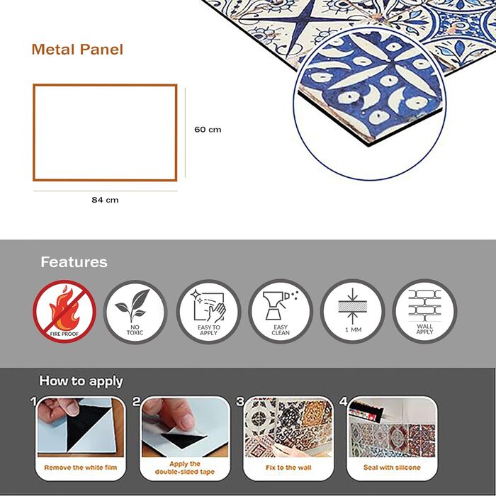 Алюмінієвий кухонний фартух, виготовлений в Італії, захищає плиту та стіну, миється та легко встановлюється, металевий фартух, 48 x 72 см (84 x 60 см, червоний азулежу)