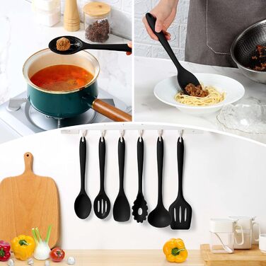 Набір кухонного посуду Herogo, набір силіконового кухонного посуду з 6 предметів, випічка, кухонне приладдя, перевертач ложок для посуду з антипригарним покриттям, стійкий до подряпин, термостійкий, можна мити в посудомийній машині (чорний) чорний 6
