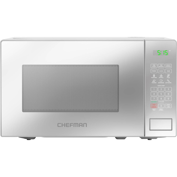Мікрохвильова піч Chefman 20 л 800 Вт 6 попередньо встановлених налаштувань 10 рівнів потужності Цифровий дисплей Еко-режим Функція пам&39яті Вимкнення звуку Блокування від дітей Дзеркальне покриття