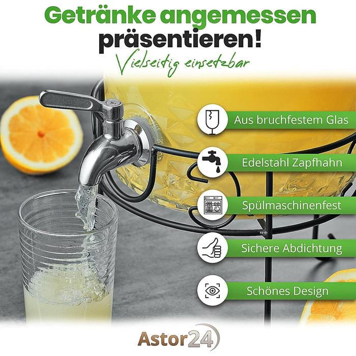 Скляний диспенсер для напоїв з краном 8 л astor24