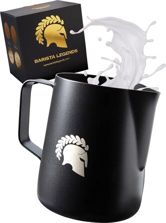 Глечик для молока Barista Legends з нержавіючої сталі 350 мл зі спеціальним носиком для лате-арту - Глечик для спінювання молока з високим глянцевим покриттям - Глечик для молока Barista з нержавіючої сталі - Аксесуари Barista (чорний 350 мл)