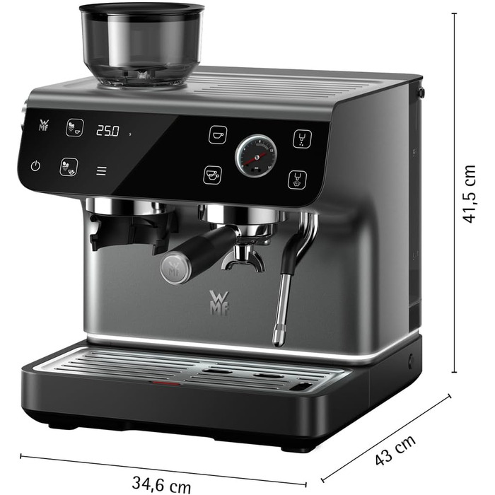 Портафільтрова кавоварка WMF Espresso Pro, напівавтоматична еспресо-машина з кавомолкою, тиск 15 бар, вбудована вага, технологія подвійного термоблоку, швидке нагрівання, колір сірий камінь