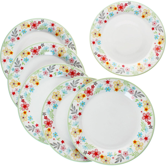 Набір із 6 тарілок для торта MamboCat Variant Floral Барвисті порцелянові тарілки для сніданку на 6 осіб Барвисті маленькі тарілки для салату, десерту та інших страв на сніданок, обід, каву та вечерю (плоскі тарілки для вечері)