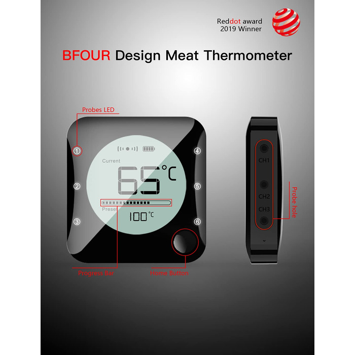 Метровий термометр для барбекю Bluetooth, бездротовий термометр для м'яса з 4 зондами з нержавіючої сталі, великий РК-дисплей, термометр для смаження Bluetooth для гриля, коптильні, духовки, барбекю (з 3 зондами), 100-