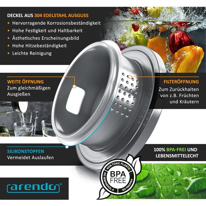 Скляний глечик з кришкою з нержавіючої сталі 2,3 л Arendo