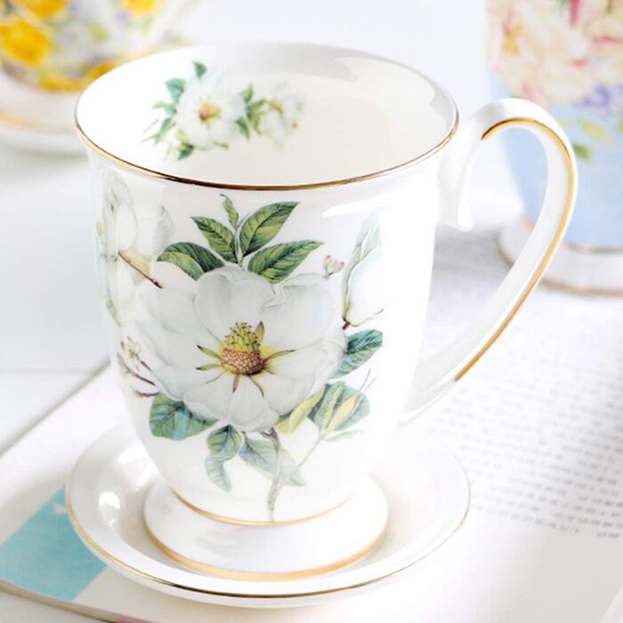 Набір із 2 порцелянових кавових кухлів, квітковий візерунок, чашки у формі кістки, китайський стиль, 300 мл, з ручкою для кави, чаю, молока, капучино (B)