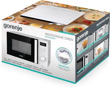Мікрохвильова піч Gorenje MO20A3WH / 20 л / 800 Вт / AquaClean / AutoMenu / Сенсорне керування / LED дисплей / Функція розморожування / 5 рівнів потужності / Блокування від дітей / Електронна / Біла
