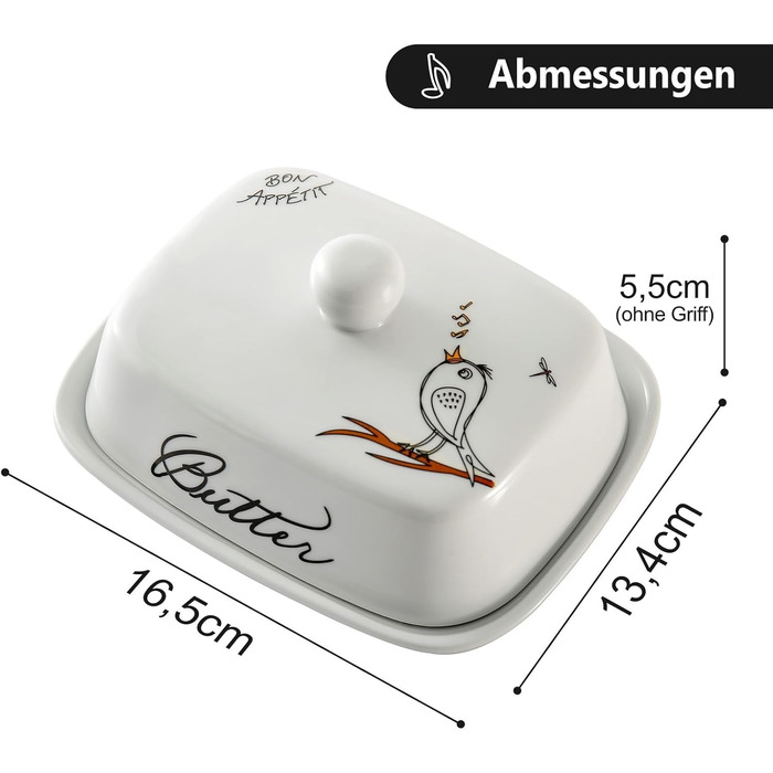 Маслянка з ручкою для 250 г вершкового масла, високоякісна кераміка, білий колір з квітковим та бджолиним візерунком, порцеляна, класична маслянка, маслянка, контейнер для масла, коробка для масла, можна мити в посудомийній машині (типу &quotптах&quot).