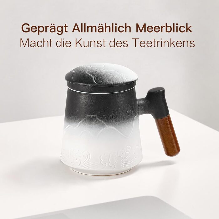 Чайна кружка з кришкою та ситечком, 500 мл велика дерев'яна кружка з градієнтним рельєфним візерунком, матові керамічні чайні чашки з ситечком для чайних подарунків, чорні та зелені (06-Чорно-біла морська хвиля)