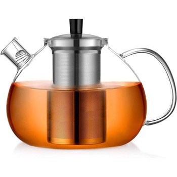 Скляний чайник Ecooe з ситечком для чаю 1500 мл, скляний чайник, прозорий, термостійкий, зі знімним ситечком для чаю з нержавіючої сталі, для чорного чаю, зеленого чаю, ароматного фруктового чаю тип1 срібло- (2000мл, тип2 срібло-2000мл)