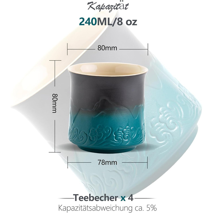 Набір японських чашок ZENS з 4-х, 240 мл естетичні рельєфні японські чашки для чаю матчу, китайська чашка без ручки, японська чашка традиційна, подарунки для любителів чаю, темно-синій (02-темно-зелений)