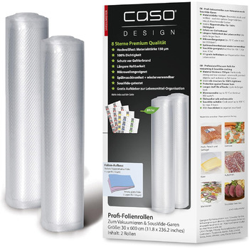Профессиональные рулоны пленки CASO 30x600 см/2 рулона, для всех вакуумных упаковщиков, не содержат бисфенола А, очень прочные и устойчивые к разрывам ок. 150 мкм, ароматнепроницаемые, устойчивые к кипячению, су-вид, многоразовые, вкл. наклейку Food Manag