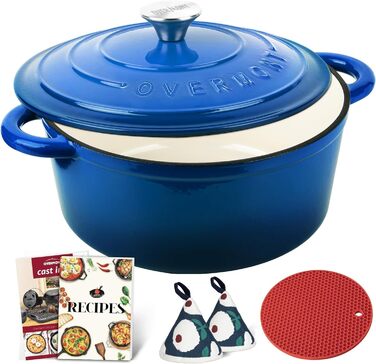 Чавунна форма для запікання Overmont Enamel - 26 см, придатна для використання в духовці, з кришкою та кулінарною книгою - для випікання, тушкування, запікання, білого кремового кольору (26 см-5,2 л, синього кольору)