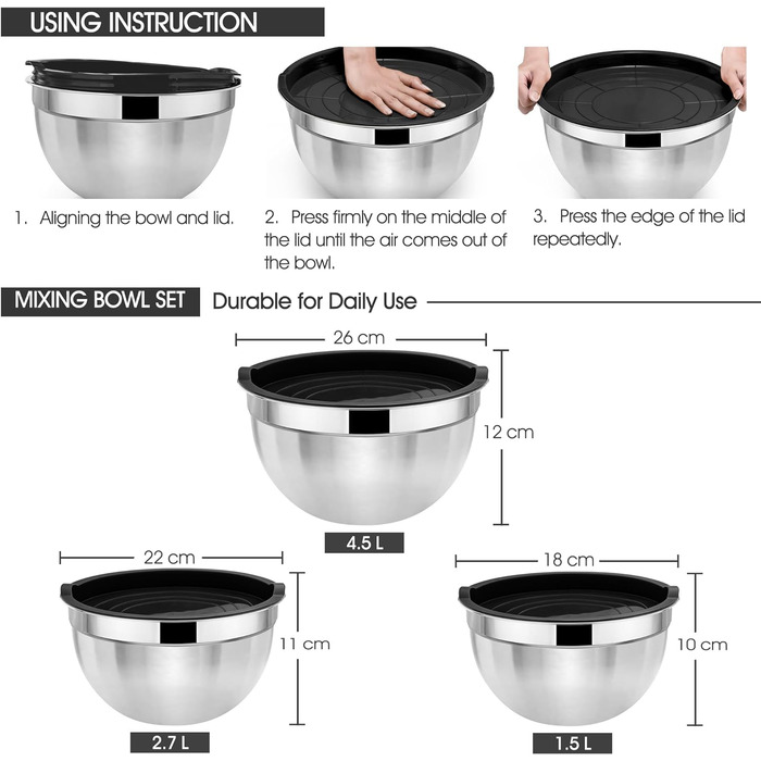 Набір мисок для змішування Herogo з 3 шт. , гніздова миска з нержавіючої сталі з чорними герметичними кришками, металеві миски для салату для приготування їжі, нетоксичні та нержавіючі, придатні для миття в посудомийній машині (4.5/2.7/1.5 QT)