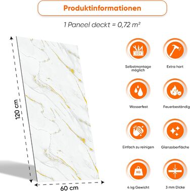 Стінові панелі IZODEKOR під мармур 60x120 см Фартух для кухні ПВХ-облицювання стін для кухні, ванної кімнати Бризкозахисний екран для кухні Водонепроникний та термостійкий (4 панелі, Golden Harmony)