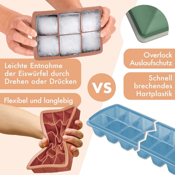 Силіконові формочки для льоду Blumtal, набір з 3 шт. - форма для льоду на 24 кубики з кришкою - силіконова форма для льоду без бісфенолу А - форма для льоду, безпечна для харчових продуктів - сіро-блакитний великі кубики (оливково-зелений червоний, XXL ку