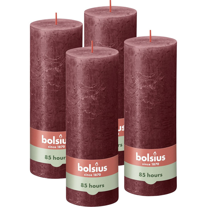 Свічки Bolsius Rustic Pillar - Оливково-зелені - Набір з 4 шт. - Декоративні побутові свічки - Час горіння 60 годин - Без запаху - Натуральний рослинний віск - Без пальмової олії - Оливково-зелені (19 x 7 см, темно-червоні)