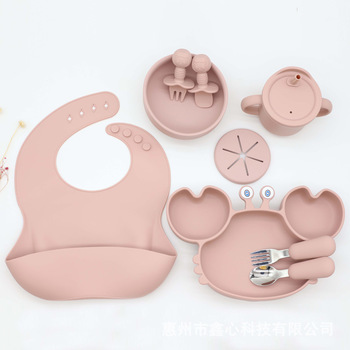 Набор детской посуды из силикона 9 предметов, розовый Vialex