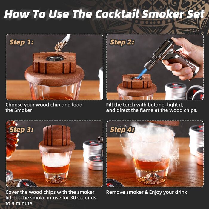 Набор для копчения коктейлей с факелом из 8 вкусов древесных чипсов PIPITA