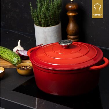 Чавунна каструля Chefarone 24 см, Емальована каструля з кришкою для випікання хліба, тушкування та запікання Хлібна каструля, сумісна з індукцією (червона, 4,7 л)