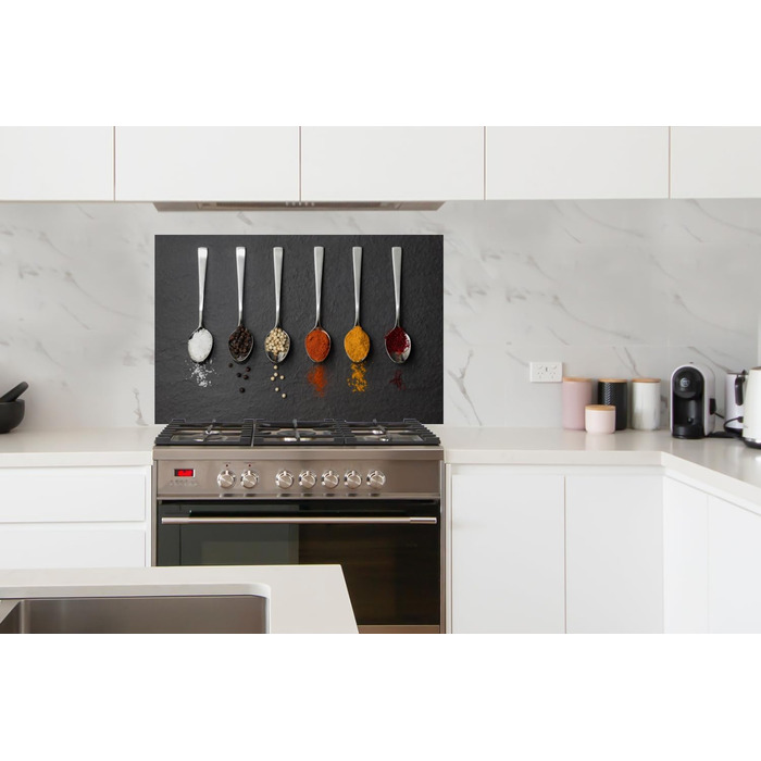 Кухонна панель для фартуха, бризкозахисна панель для кухні, алюмінієва панель, бризкозахисна панель для плити, альтернатива скляній панелі, чорна - з малюнком - суцільна - чорна - темна - (ложка для спецій, 100x65 см)