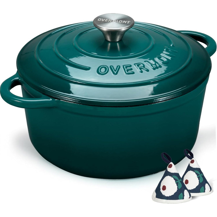 Чавунна форма для запікання Overmont Enamel - 26 см, придатна для використання в духовці, з кришкою та кулінарною книгою - для випікання, тушкування, запікання, білого кремового кольору (24 см-4,3 л, морський блакитний)