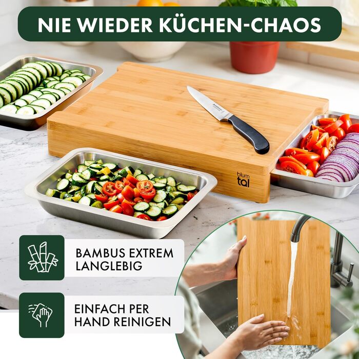 Бамбукова обробна дошка 40 x 28,5 см з 3 лотками для збору з нержавіючої сталі Blumtal