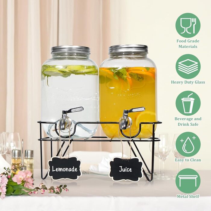 Двойной стеклянный диспенсер для напитков 2 х 4 л с металлической подставкой Hisredsun