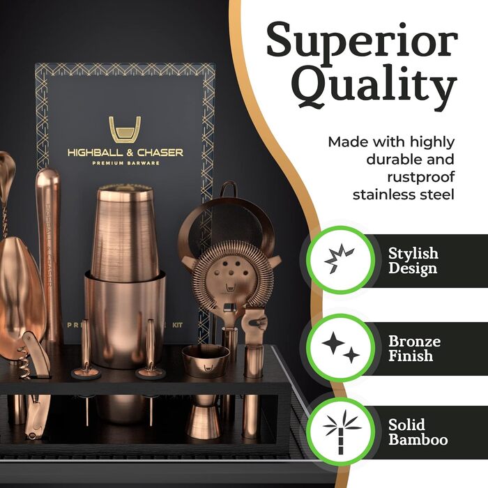 Набір бармена з чорною бамбуковою підставкою 11 предметів Highball & Chaser