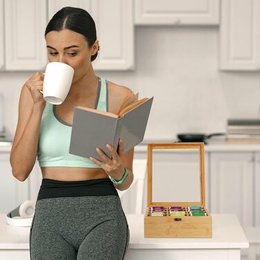 Чайна коробка Relaxdays, 12 відділень, бамбук, ВxШxГ 9,5 x 26,5 x 28,5 см, для чаю та кави в капсулах, контейнер для чаю з кришкою, натуральний колір