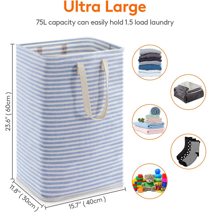 Окремо стоячий кошик для білизни Lifewit, складний великий кошик для білизни з подовженими ручками для одягу, іграшок, 2 упаковки (синій, 75 л)