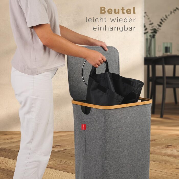 Контейнер для збору пляшок Blumtal Deposit 150 л з 2 відділеннями - Бамбуковий органайзер для пляшок - Збірник порожніх пляшок - Збірник пляшок - Контейнер для збору порожніх пляшок з отвором - Збірник порожніх пляшок (чорний, додатковий мішок для пляшок 