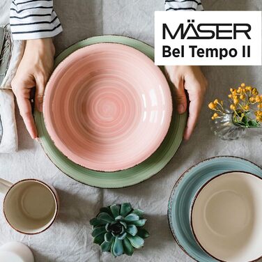 Набір вінтажного посуду з 16 предметів на 4 персони, комбінований керамічний сервіз з ручним розписом, барвистий, керамограніт, димчасто-блакитний/бірюзовий/зелений/рожевий, 931499 Bel Tempo II