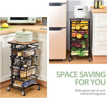 Кухонний візок APEXCHASER, поворотний візок, 4-ярусна багатошарова кухонна полиця з коліщатками, контейнер для зберігання, поворотний кошик для фруктів для кухні, вітальні, офісу, чорний