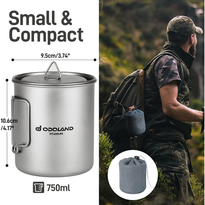 Титановая кружка для кемпинга с крышкой и ложкой-вилкой 750 мл Odoland