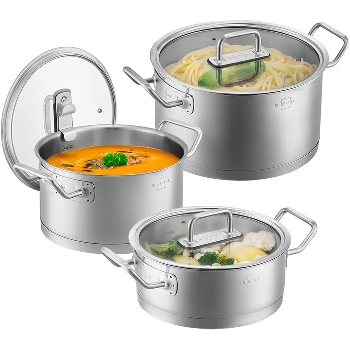 Набір каструль з нержавіючої сталі зі скляними кришками, 3 предмети Silberthal